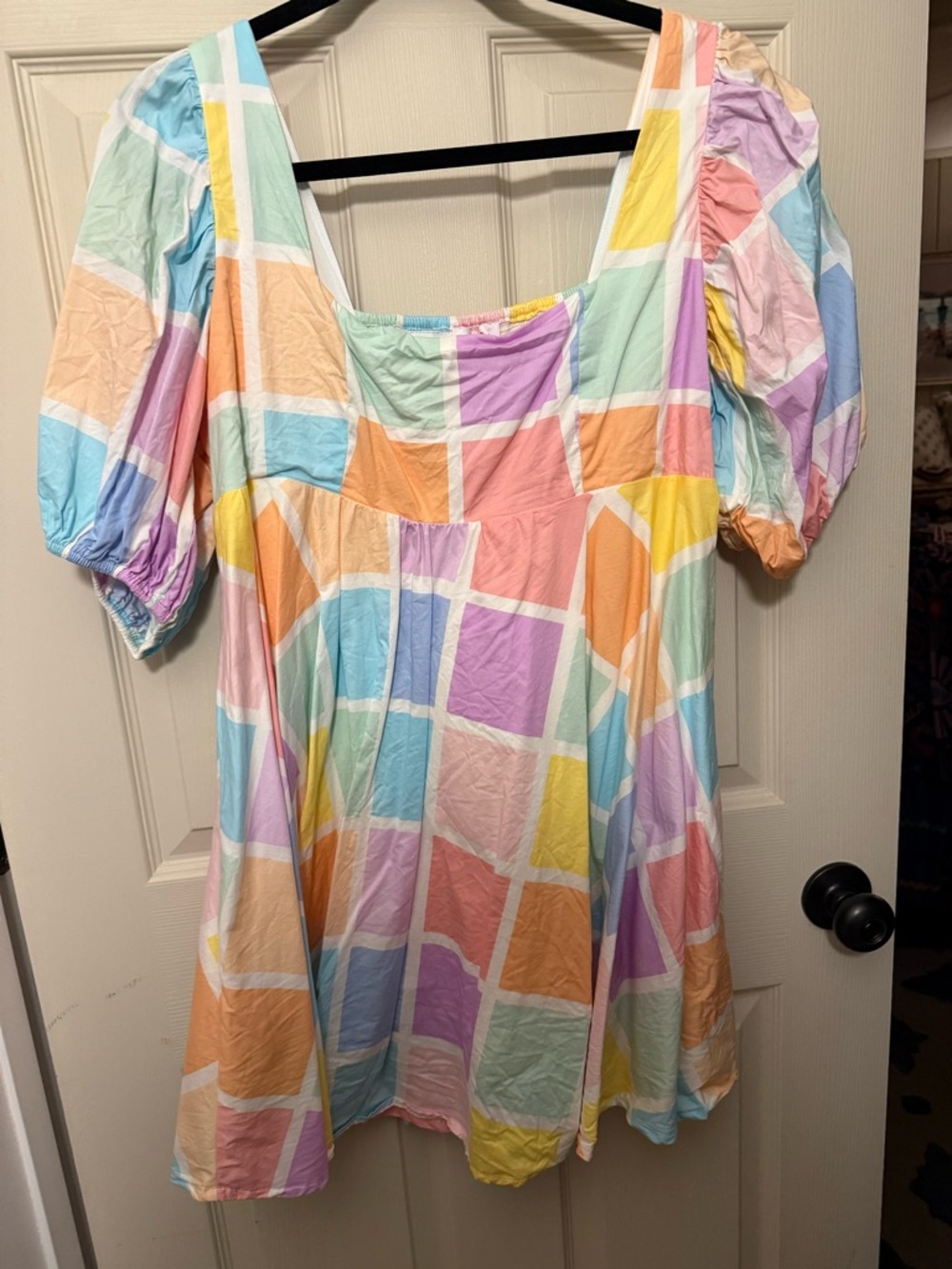 Buddy Love Pastel Patchwork Square-Neck Puff Sleeve Top - Multicolor